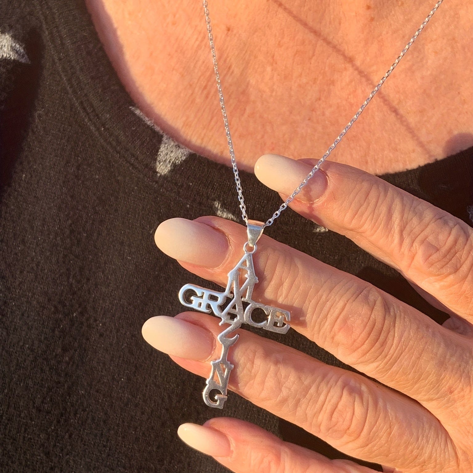"Amazing Grace" Cross Necklace in Stainless Steel